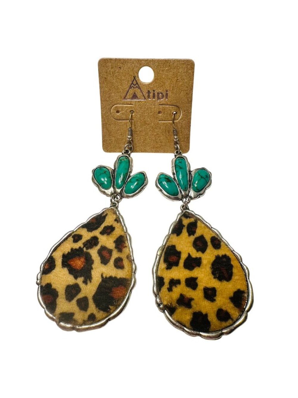 Tipi Faux Leopard Fur Print & Turquoise Teardrop Dangle Earrings Silver Tone